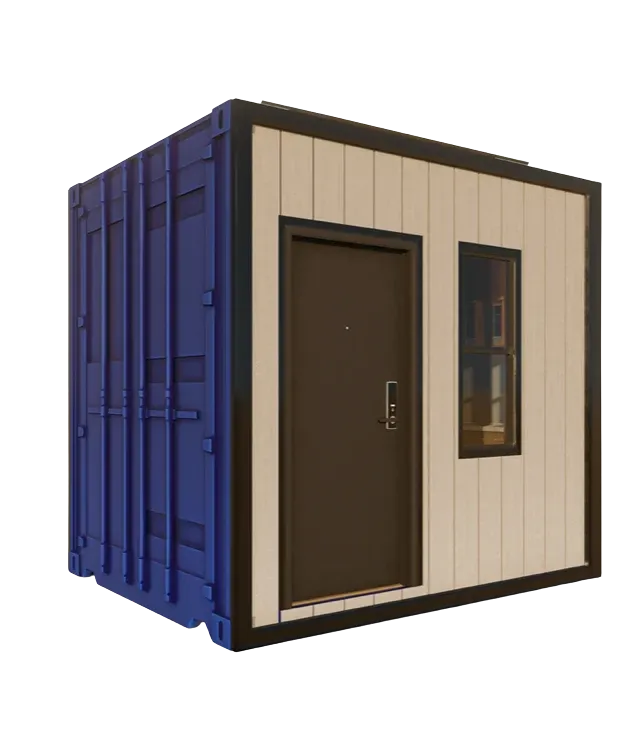 Render del módulo policiaco de 10 pies con revestimiento de madera sintética, puerta reforzada y ventana lateral